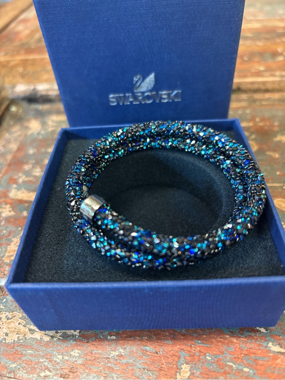 Swarovski Blue and Black Crystal Mesh Bracelet with box